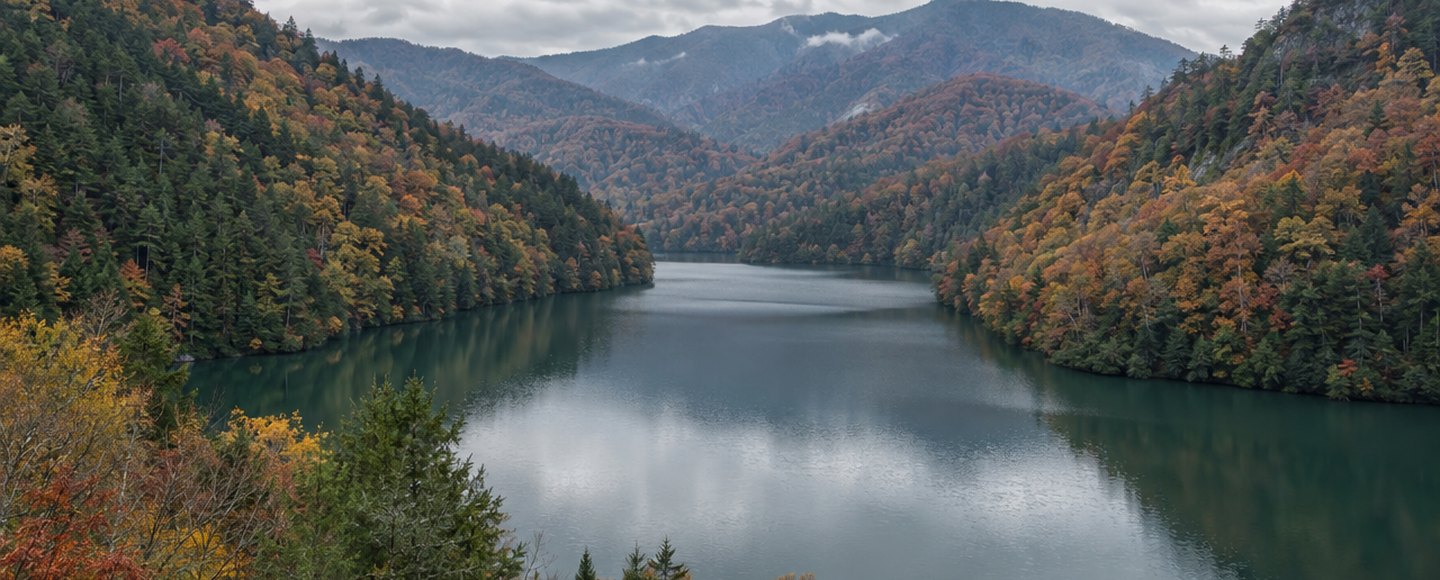 Illustration of a steep-sided mountain reservoir at full pool in autumn, forested ridges on both sides