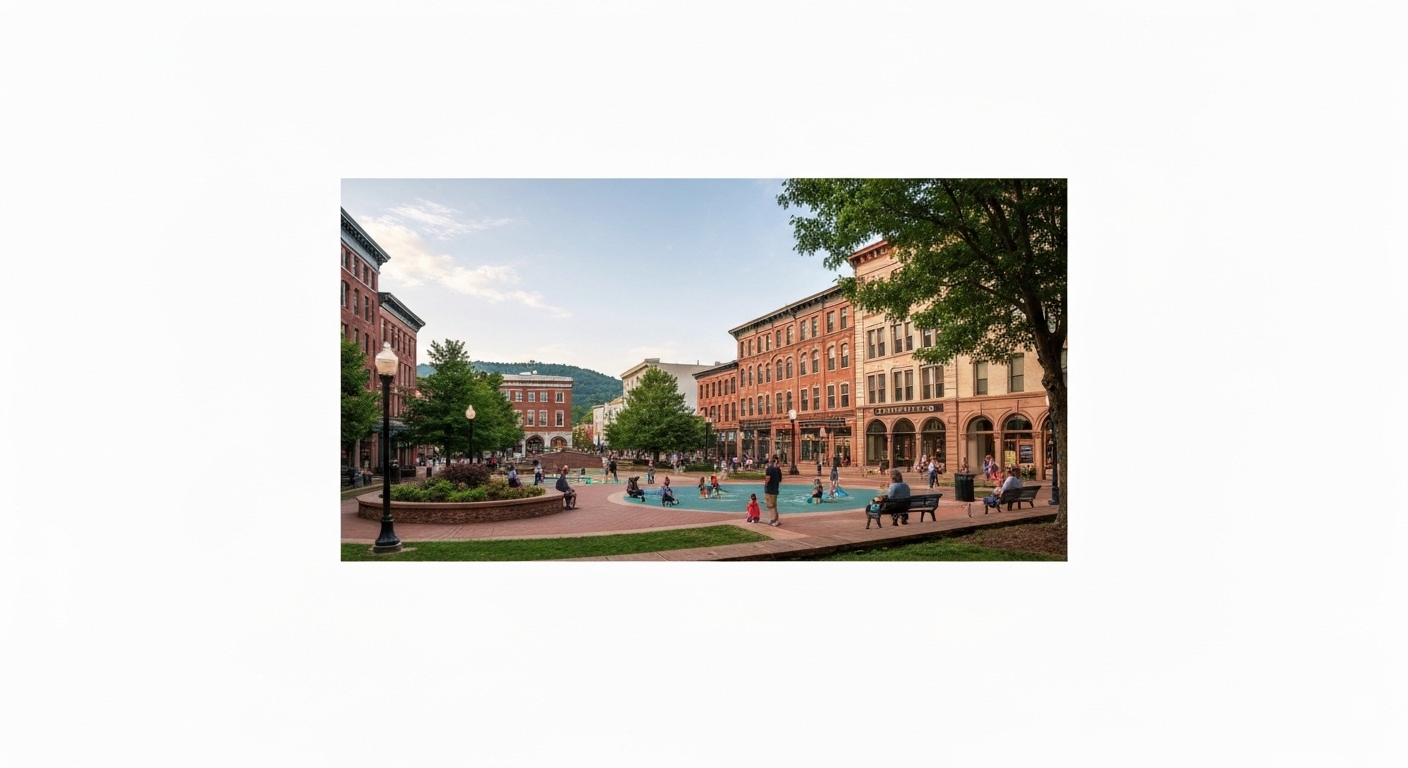 Evening crowd gathered at Pack Square Park in downtown Asheville for a summer outdoor music event.