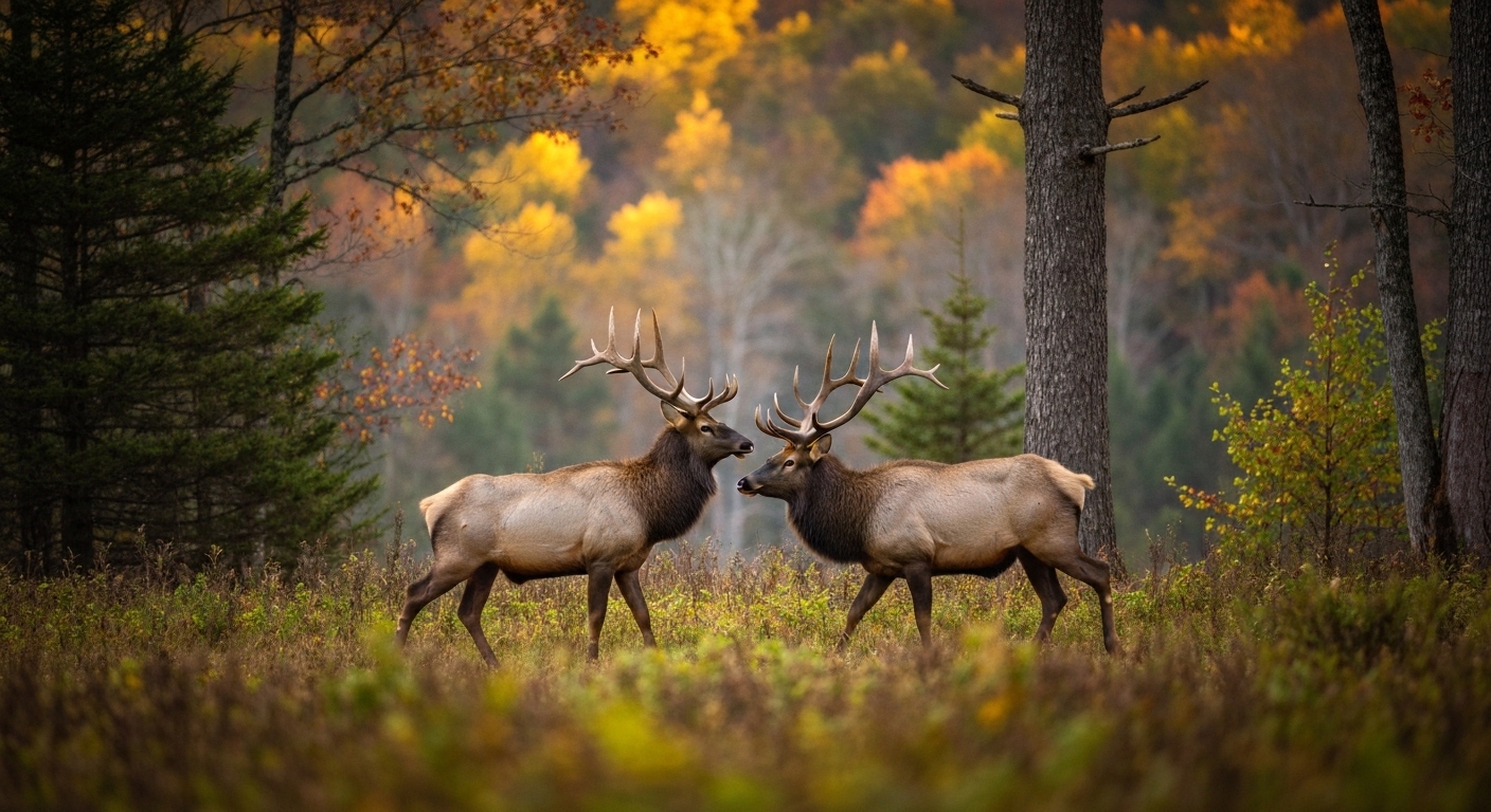 A large bull elk grazing in the open meadow of Cataloochee Valley in Great Smoky Mountains National Park.