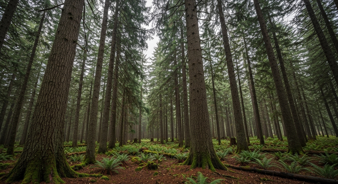 Sunlight filtering through old-growth hemlock and poplar trees in the Nantahala National Forest of Western North Carolina.
