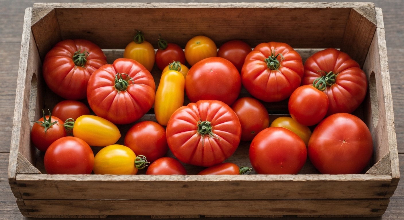 A crate of ripe heirloom tomatoes at a Haywood County farmers market in downtown Canton, North Carolina.