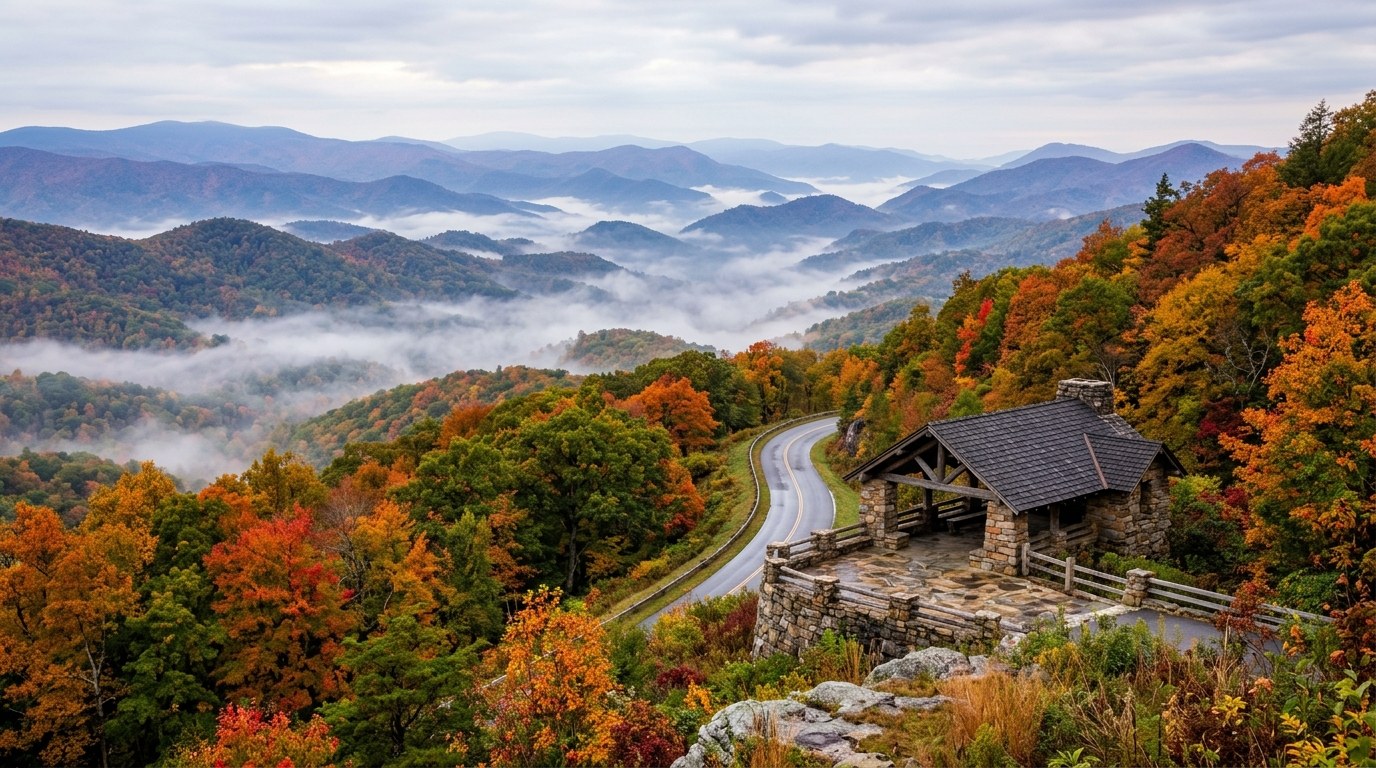 Layered blue ridgelines fade into morning fog above a Western North Carolina valley in early autumn.