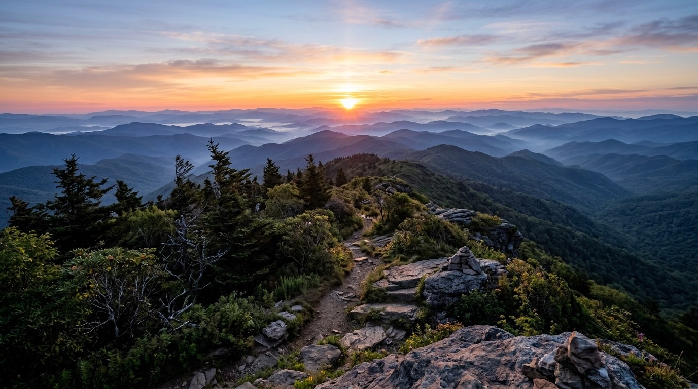 Sunrise breaking over layered blue ridgelines along the Appalachian Trail in the mountains of Western North Carolina.
