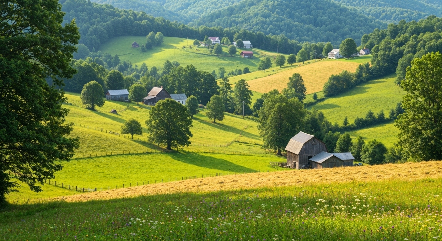 Rolling farmland and hay fields tucked below the Blue Ridge Mountains near Canton in Haywood County.