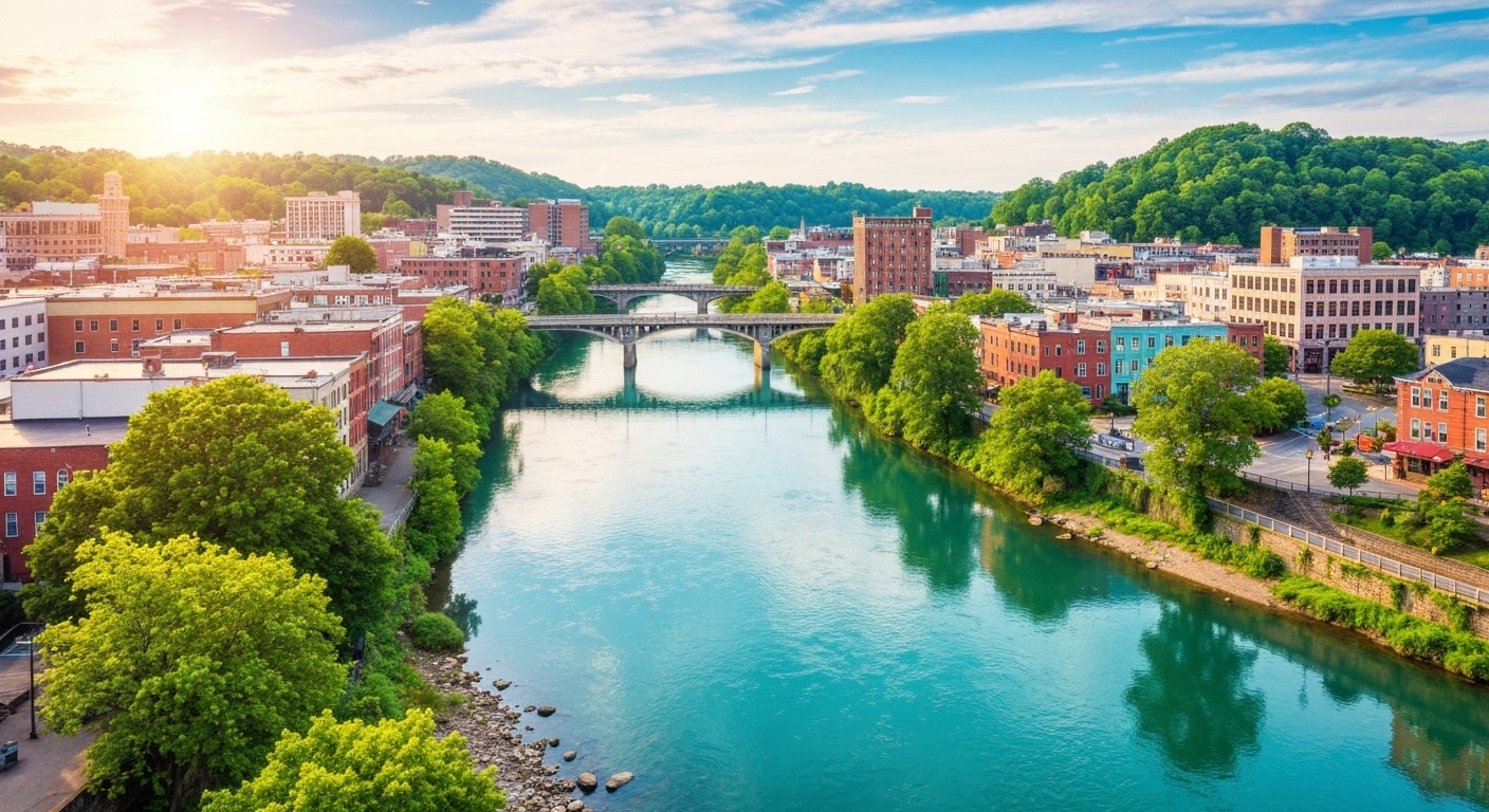 The French Broad River winding through the mountains near Asheville, where the 1916 flood crested seventeen feet above flood stage.