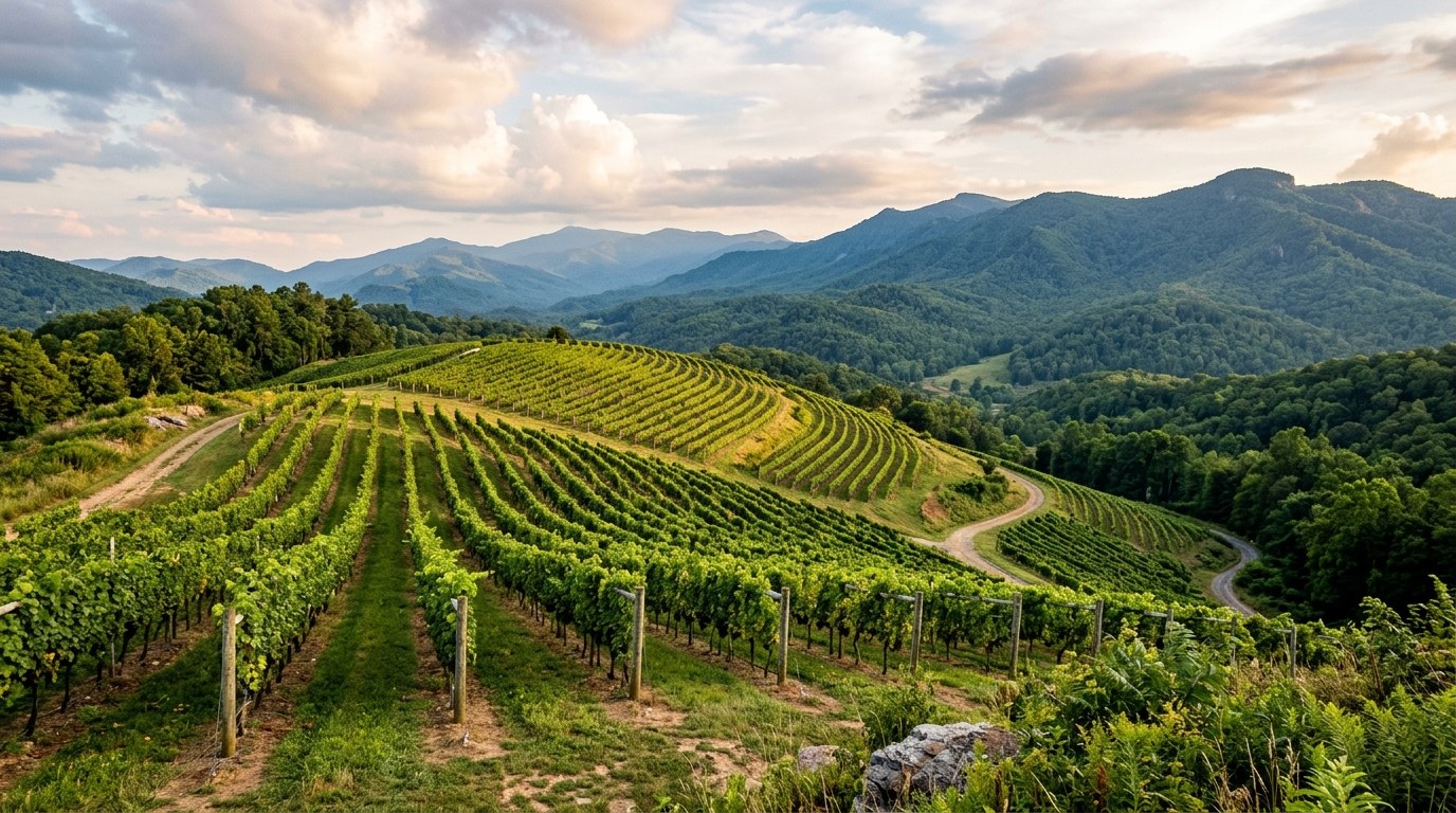 Rows of grapevines on a mountain hillside.