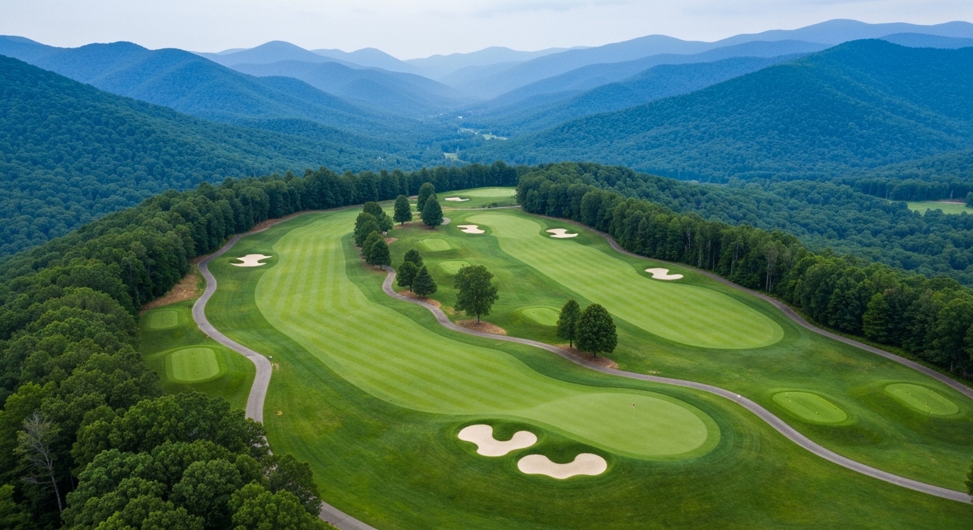 A manicured fairway curving through a wooded valley beneath Blue Ridge Mountain ridgelines in Western North Carolina.