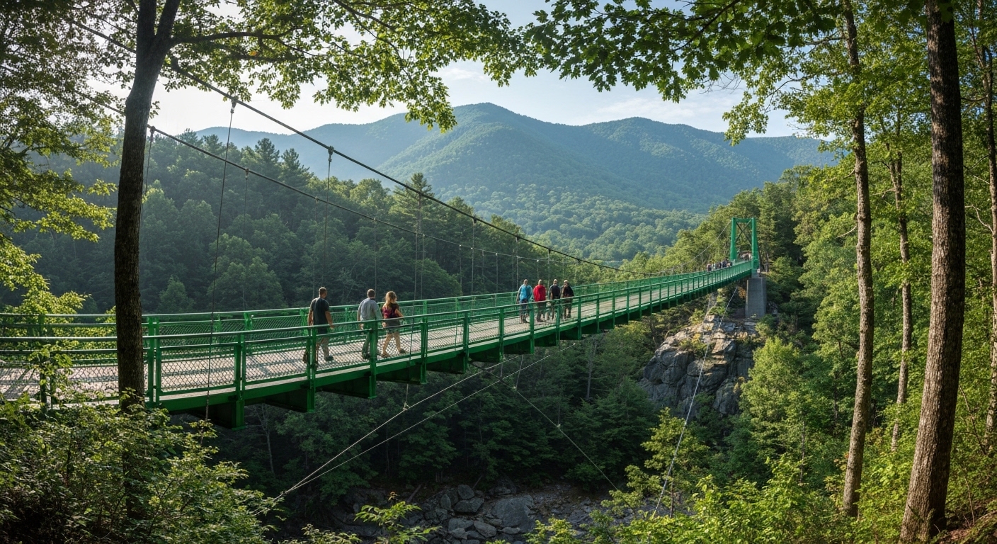 The Mile High Swinging Bridge at Grandfather Mountain in Linville, North Carolina, crossing a rocky ridge under open sky.