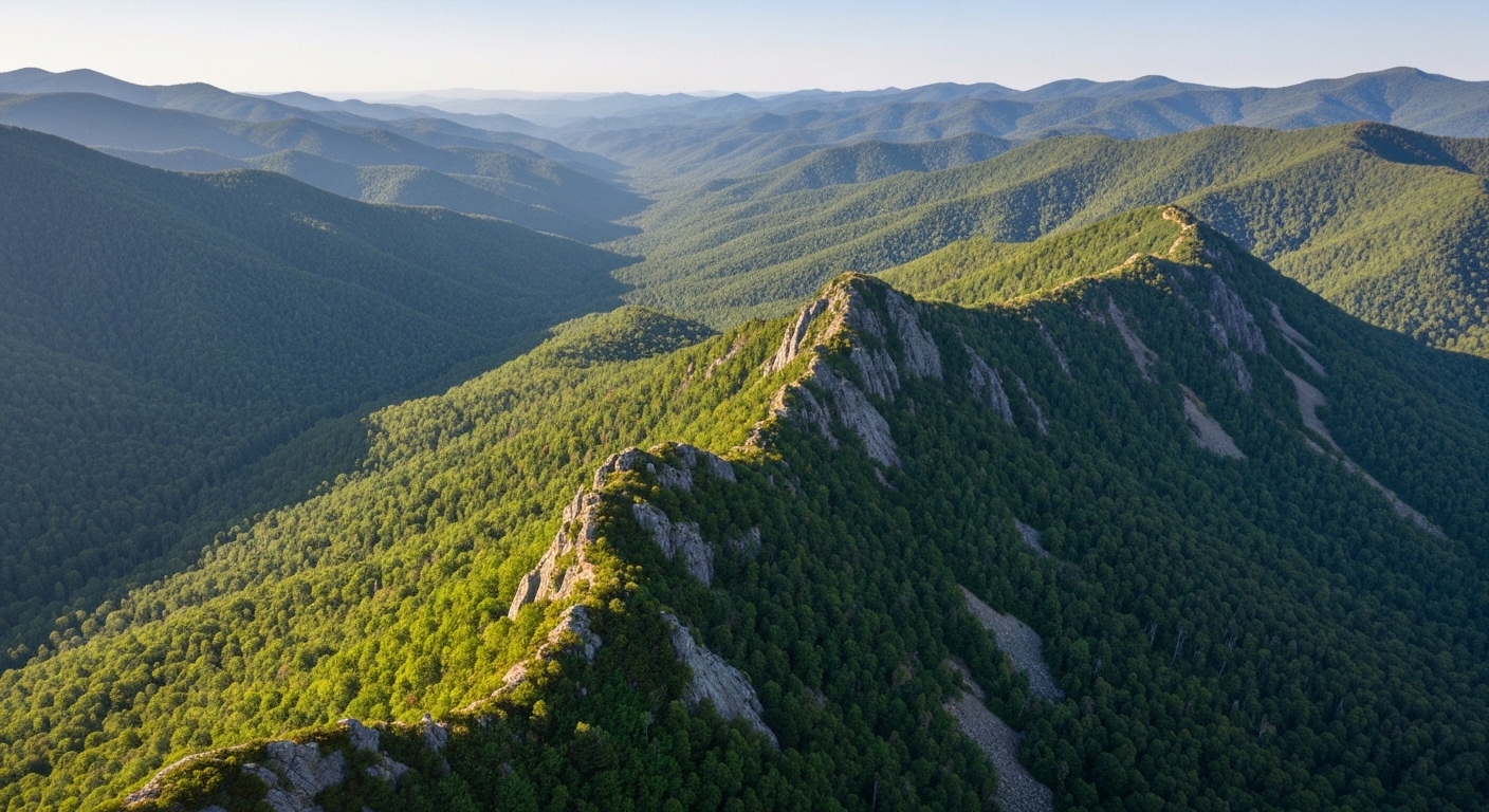 Morning fog drifting across the high ridges of Mount Le Conte in Great Smoky Mountains National Park.