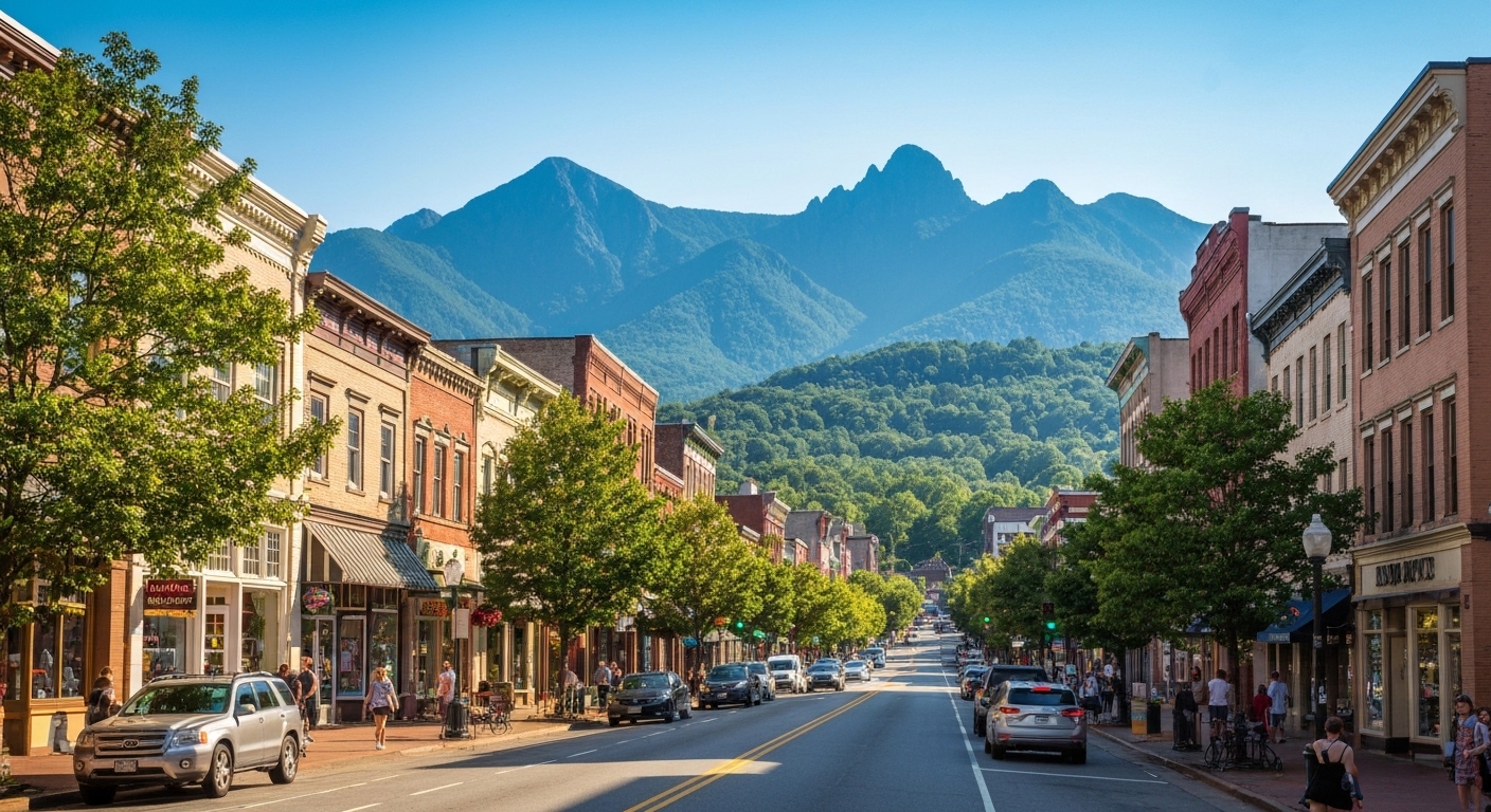 Historic brick storefronts along a downtown Asheville street with Blue Ridge Mountains rising in the distance.