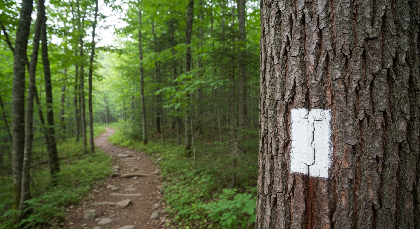 A white blaze painted on a trailside tree marking the Appalachian Trail through the Nantahala National Forest in North Carolina.