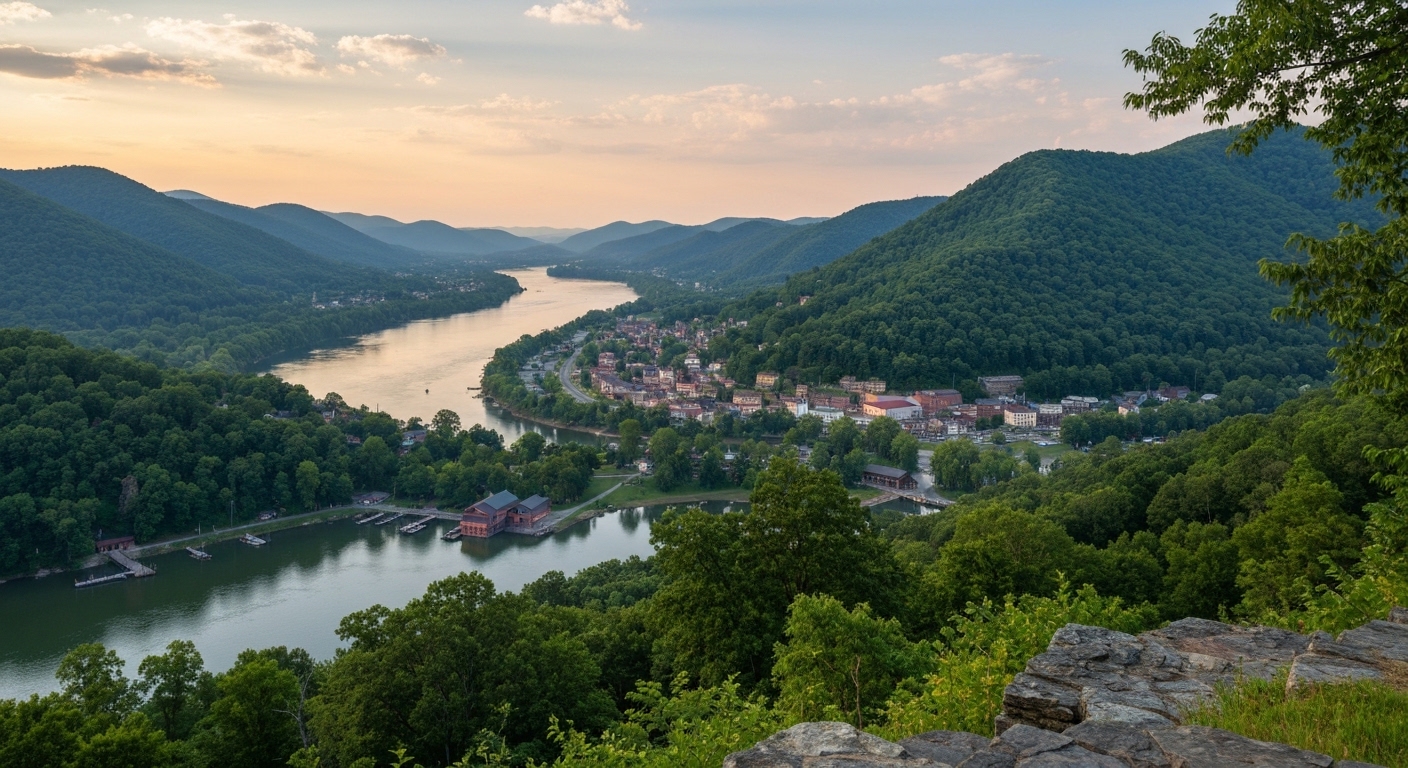 The historic town of Harpers Ferry, West Virginia viewed from the bluff above the Shenandoah and Potomac river confluence.