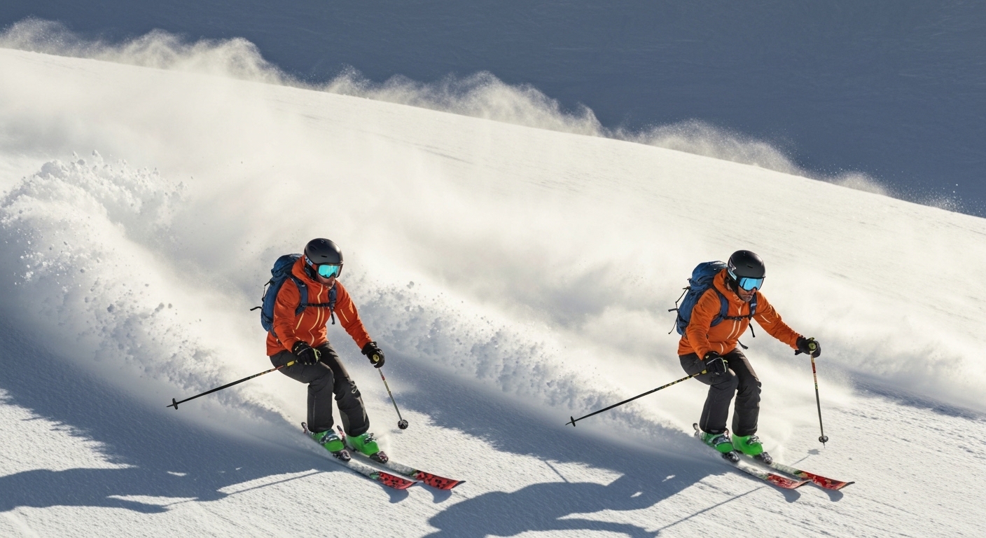 Skiers and snowboarders carving down a freshly groomed boutique mountain slope in Madison County, North Carolina.