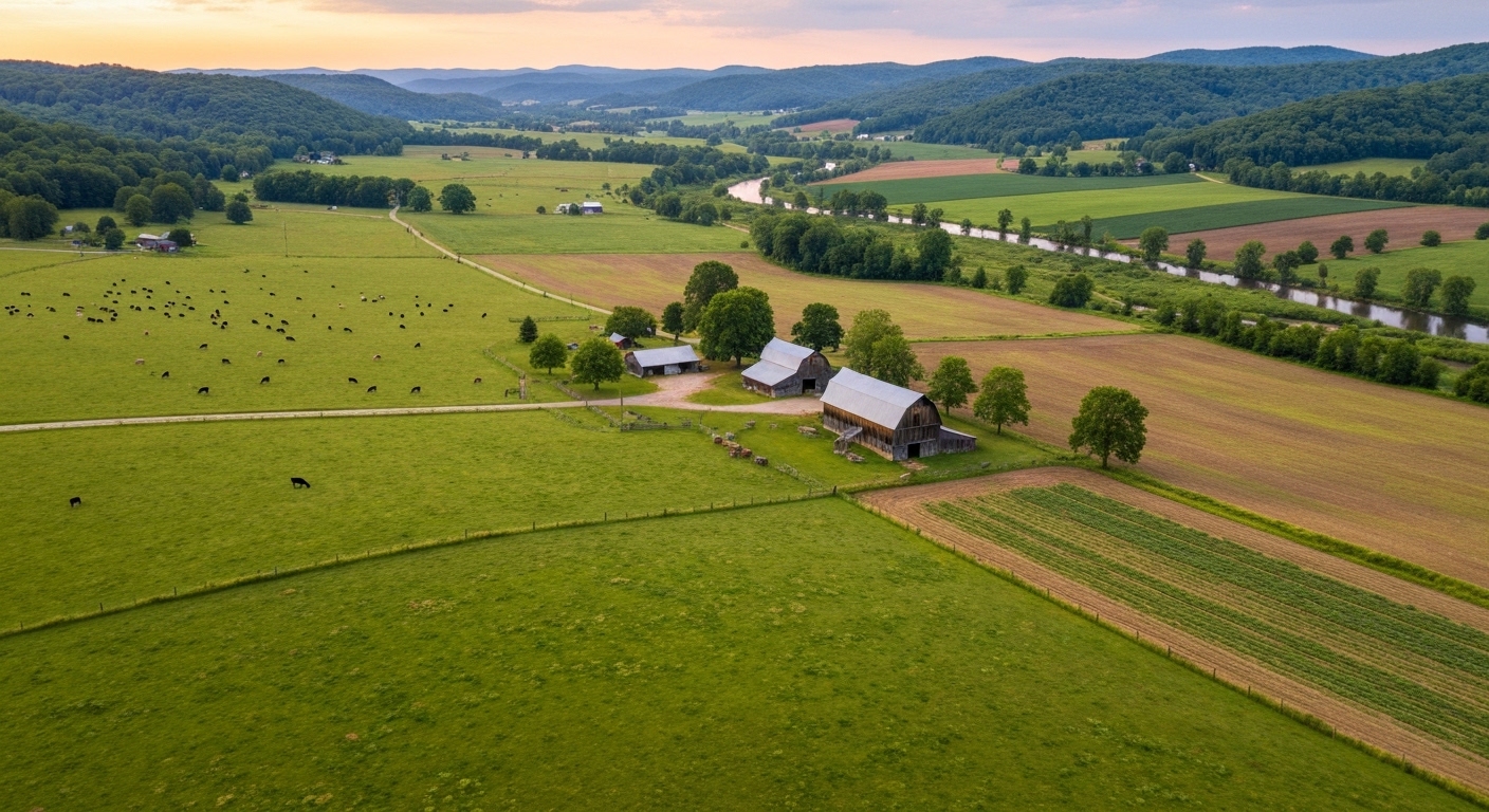 Rolling hayfields and red barns in a Haywood County valley with the Blue Ridge Mountains rising behind them.