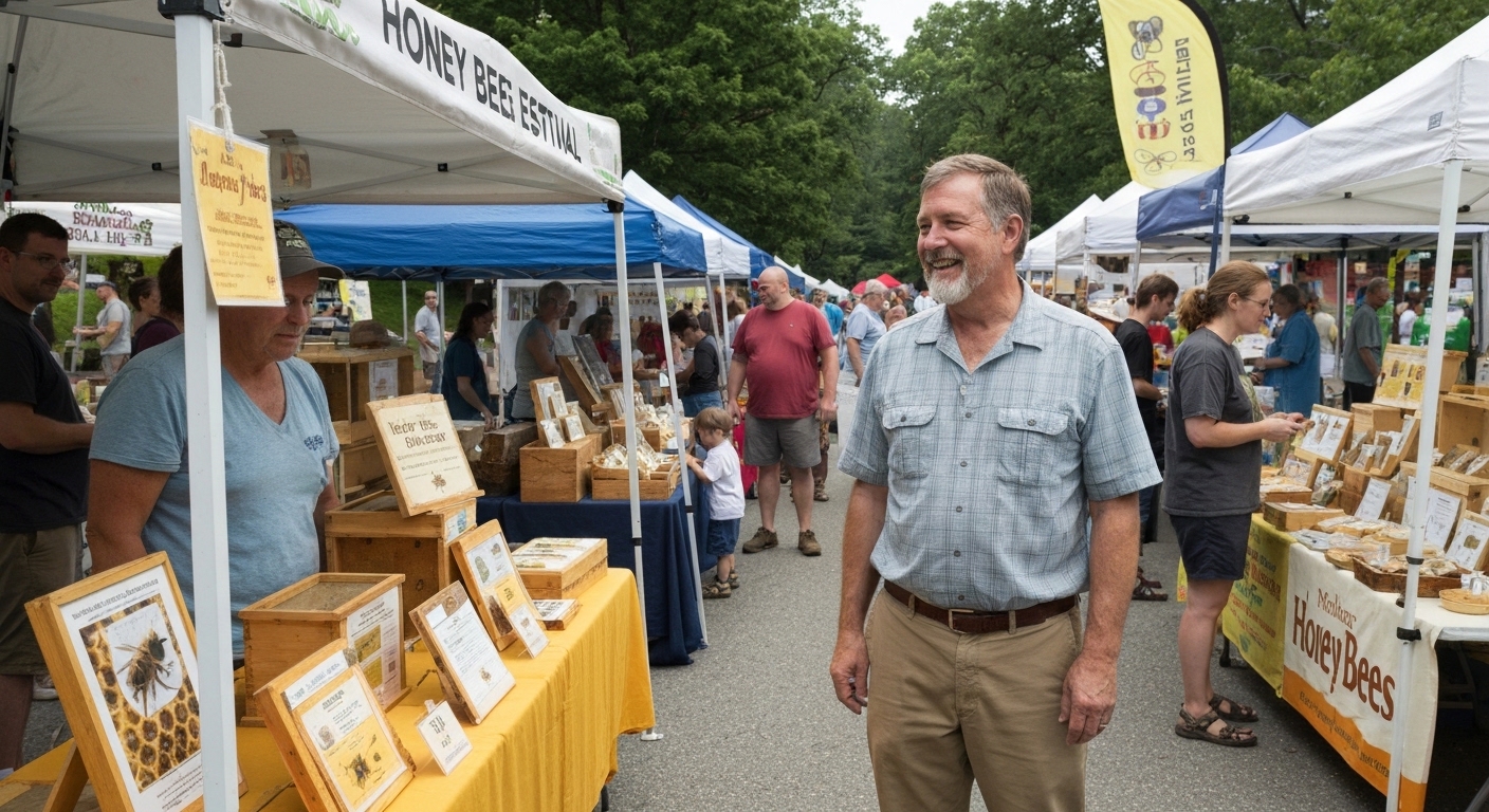 Jars of local honey and a honeybee display at a pollinator festival in Asheville, North Carolina.