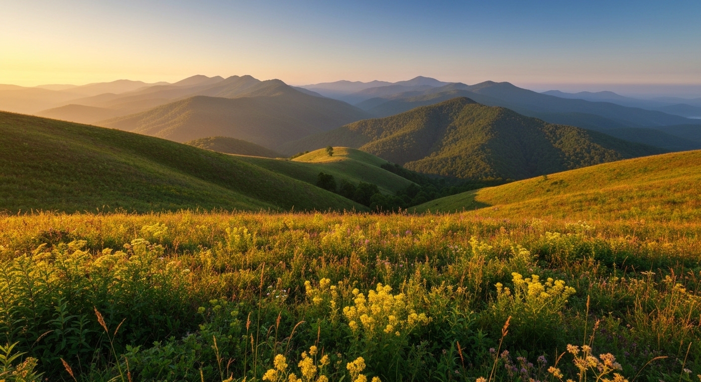 Morning light across the Blue Ridge escarpment foothills near Landrum and the Polk County, North Carolina line.