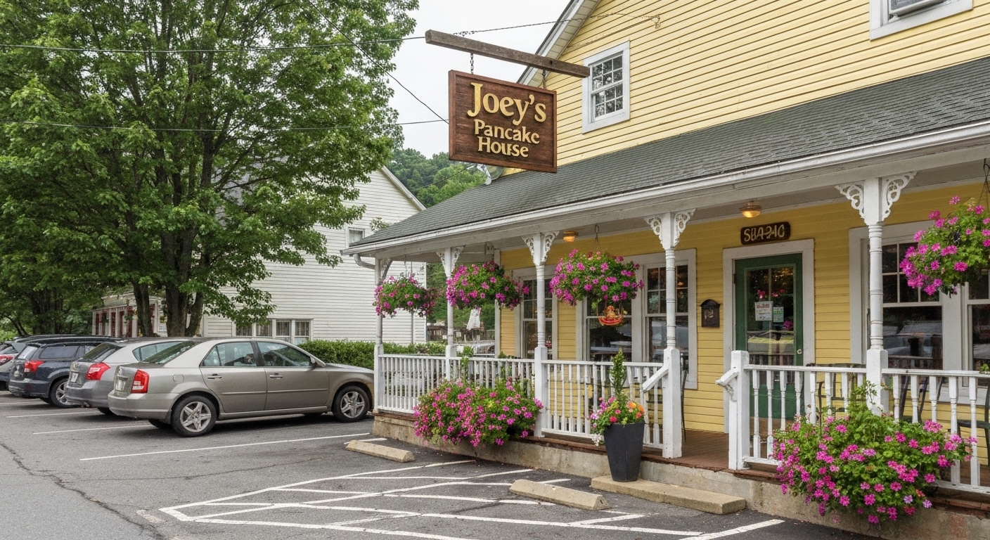 A stack of fluffy pancakes at a classic mountain-town breakfast spot in Maggie Valley, Haywood County, North Carolina.