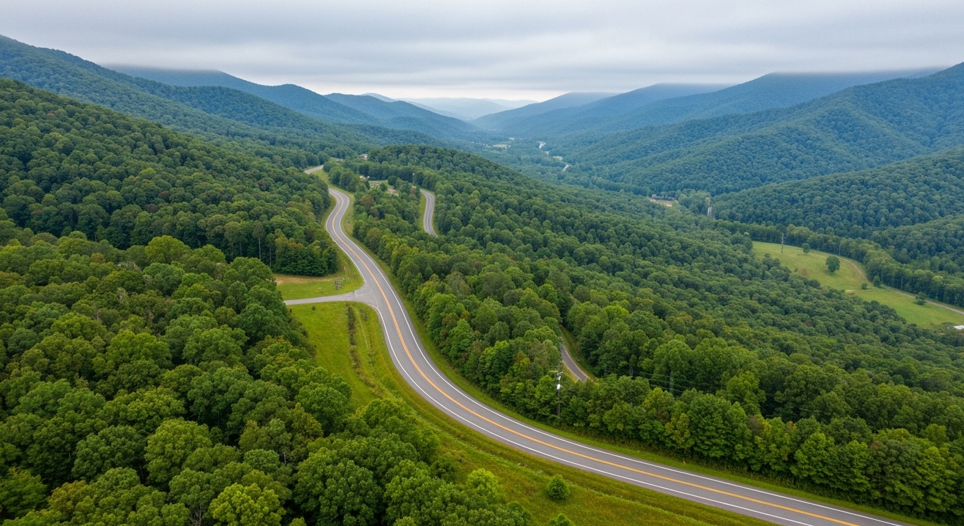 Soco Road winding through Maggie Valley beneath the Blue Ridge Mountains in Haywood County.
