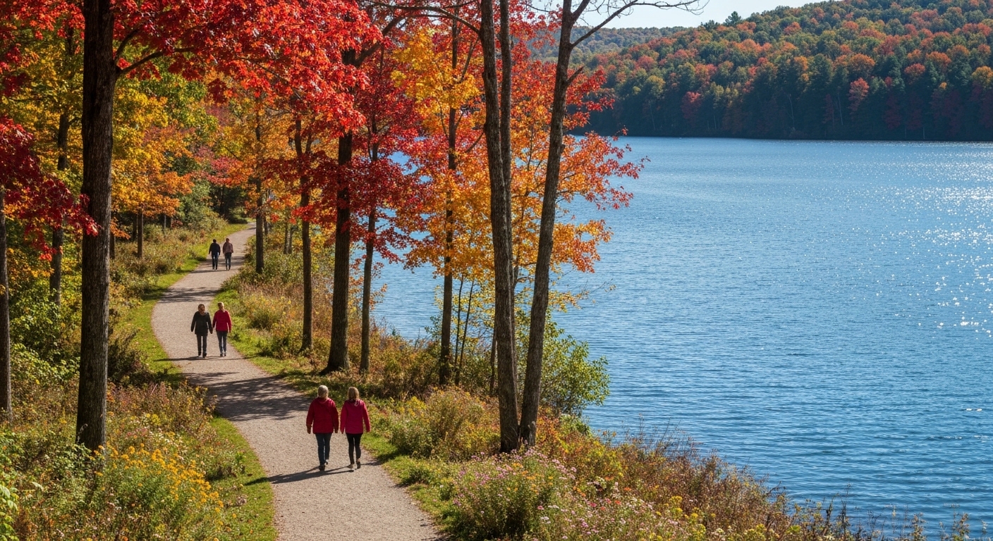 Paved walking loop tracing the shoreline of Lake Junaluska beneath forested Blue Ridge mountain slopes near Waynesville.