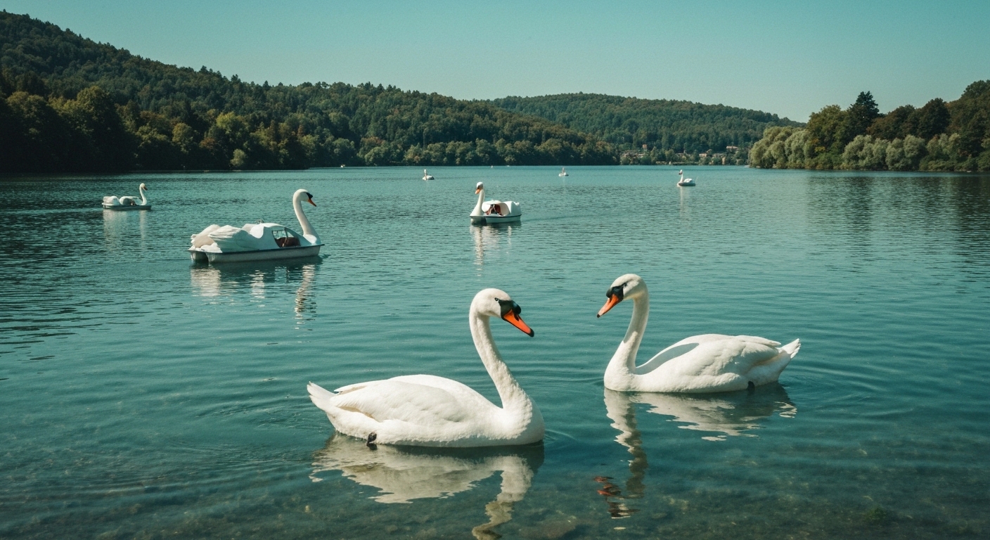 White swan-shaped paddle boats floating on a calm mountain lake on a clear summer day.