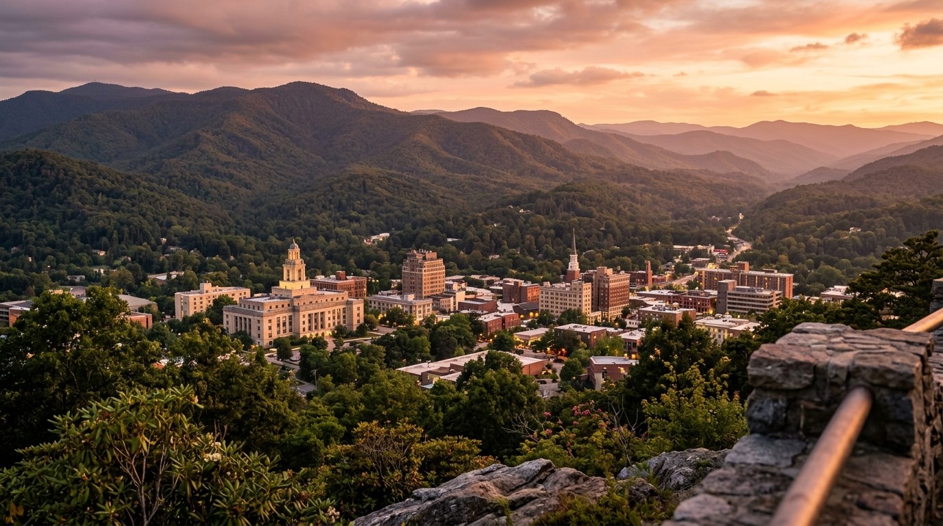 Asheville's downtown skyline framed by the Blue Ridge Mountains under a clear afternoon sky.