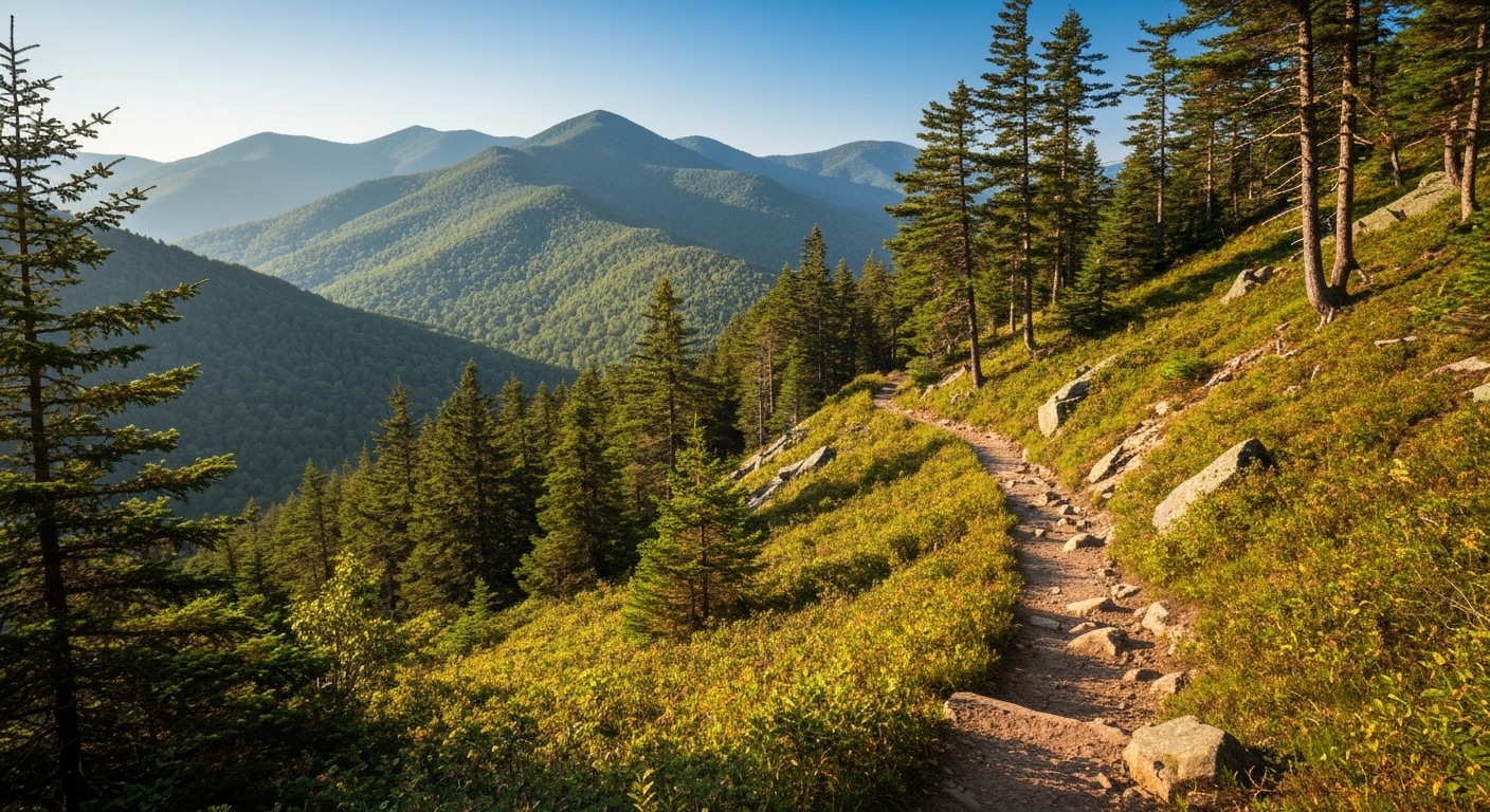 Layered blue ridgelines along the Appalachian Trail corridor in the mountains of Western North Carolina at sunrise.