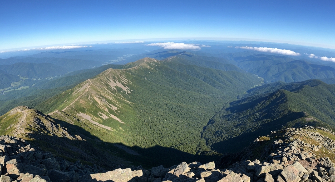 Layered blue ridges seen from the Mount Mitchell summit above Yancey County in Western North Carolina.