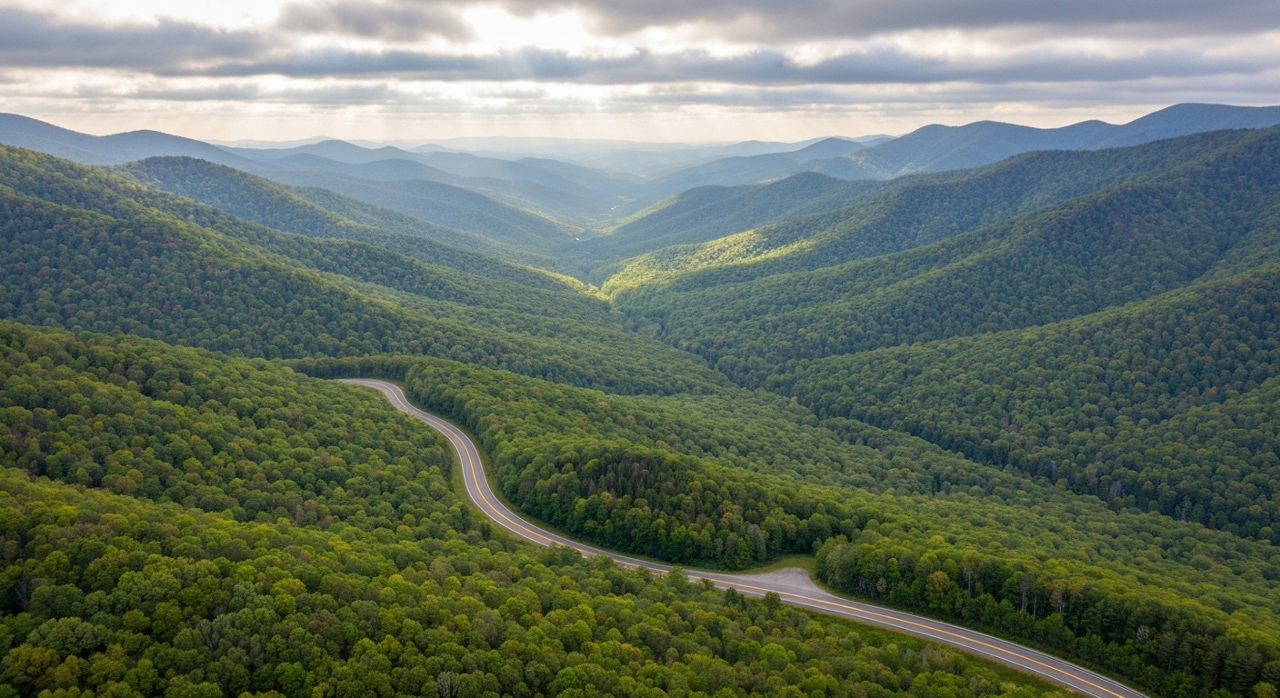 Layered blue mountain ridges seen from a Blue Ridge Parkway overlook near Mount Pisgah in Buncombe County.