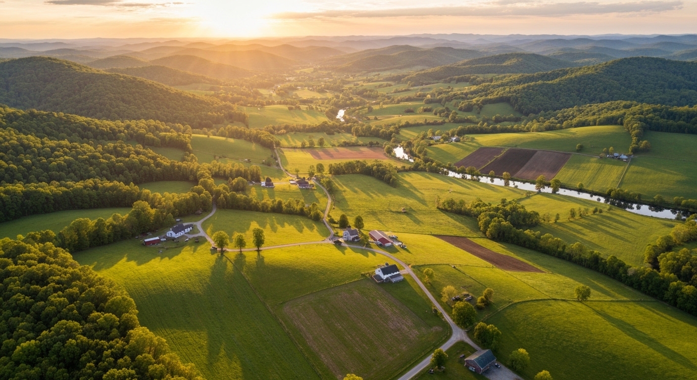 Morning fog settling over pasture and forested ridgelines in the Bethel valley of Haywood County, North Carolina.