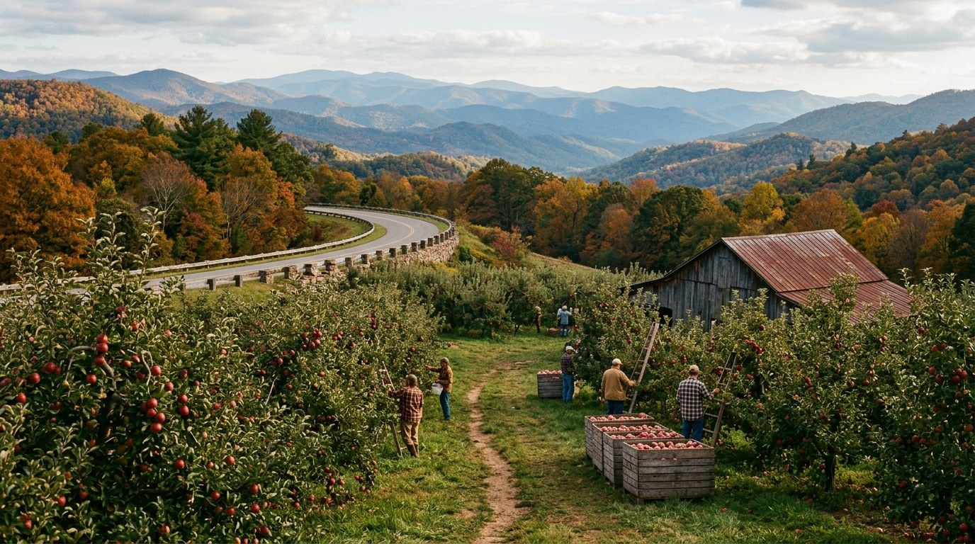 Heritage apple trees on a hillside beside the Blue Ridge Parkway near Spruce Pine, North Carolina.
