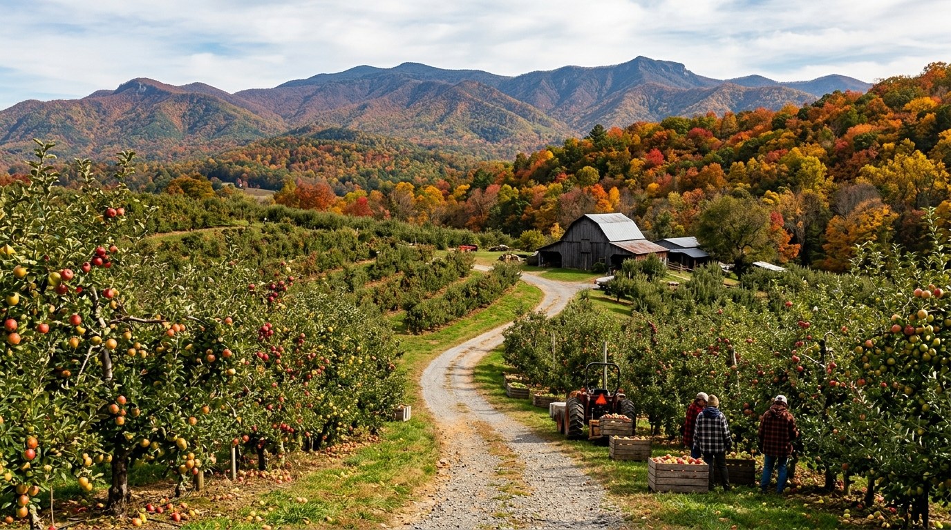 Visitors filling bags with red apples between rows of trees at a Hendersonville, North Carolina orchard.