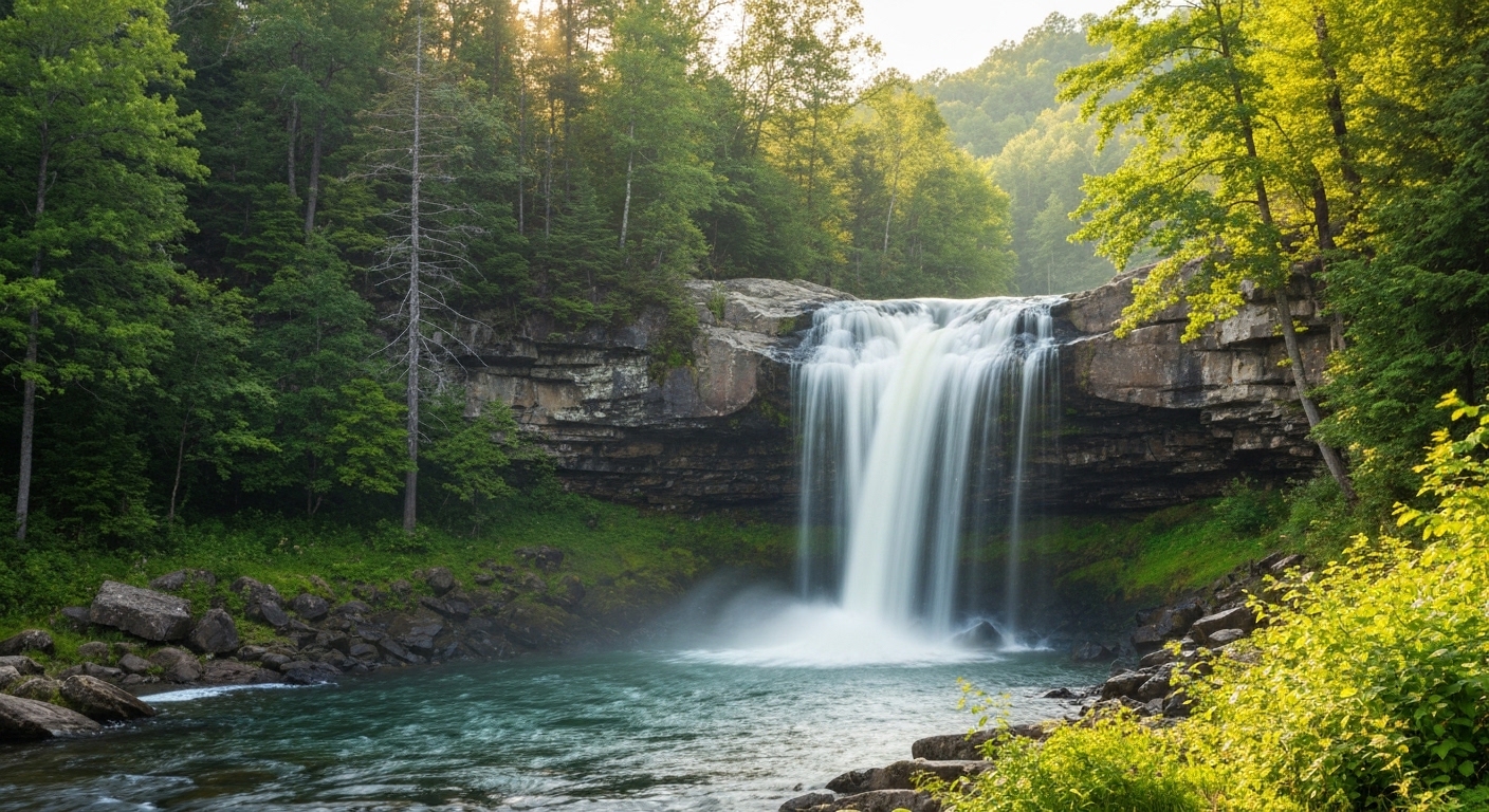 Linville Falls cascading through a forested gorge in the mountains of western North Carolina during summer.