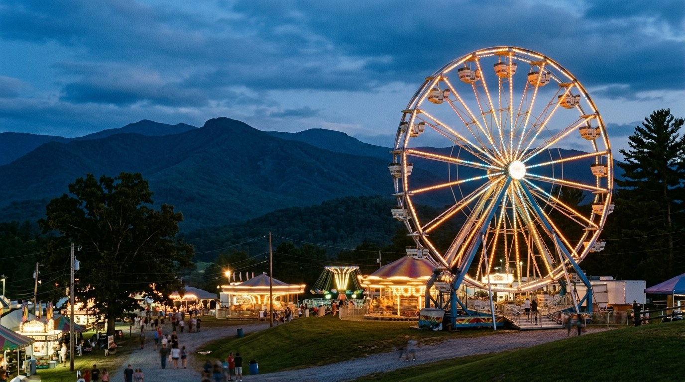 A lit Ferris wheel glows against the evening sky at a Western North Carolina mountain fair.