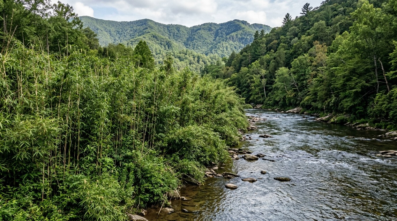 Tall stalks of native rivercane growing along a riverbank near Brevard in Transylvania County.