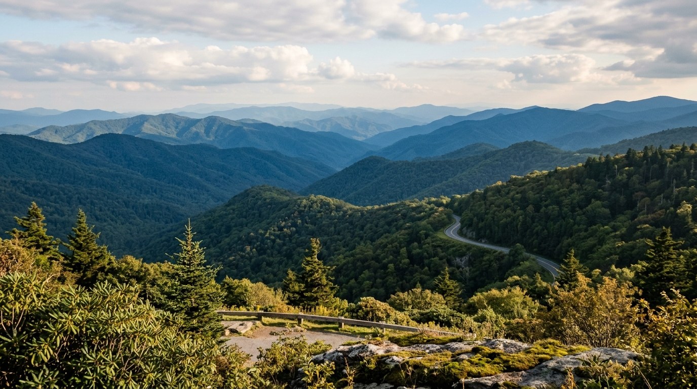 Layered blue ridgelines of the Great Smoky Mountains stretching toward the horizon at sunrise in Western North Carolina.