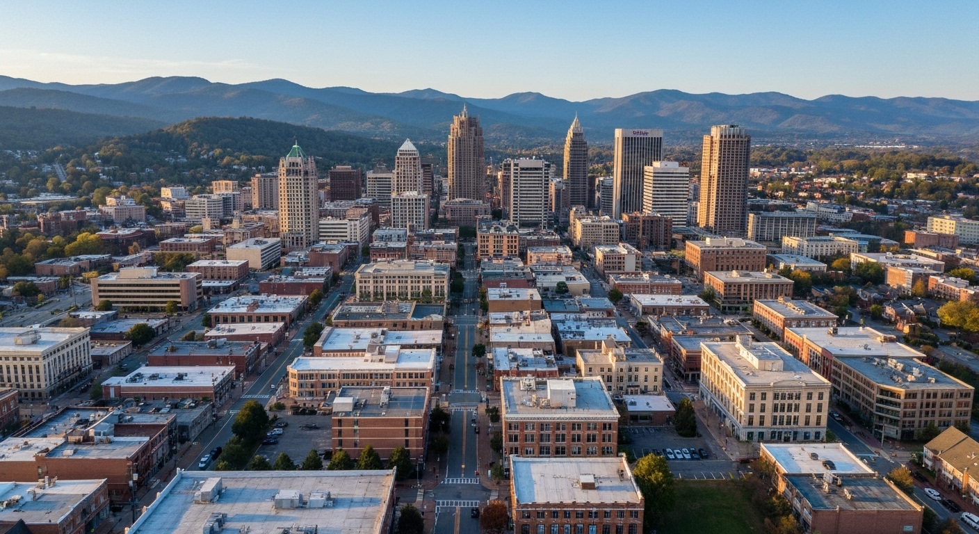 Downtown Asheville rooftops and storefronts with the Blue Ridge Mountains rising in the distance at dusk.
