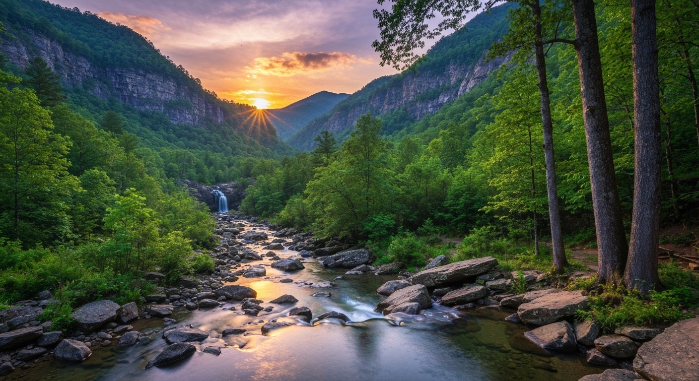 Morning fog settling over a creek and forested ridgeline in the Great Smoky Mountains near Bryson City.
