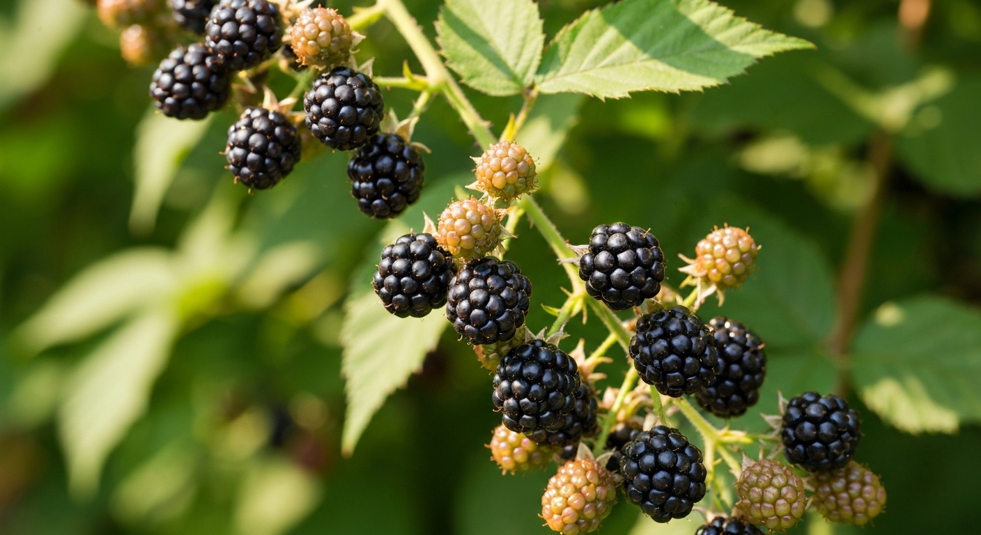 Clusters of ripe blackberries ready for harvest in the Western North Carolina foothills near Lenoir in summer.