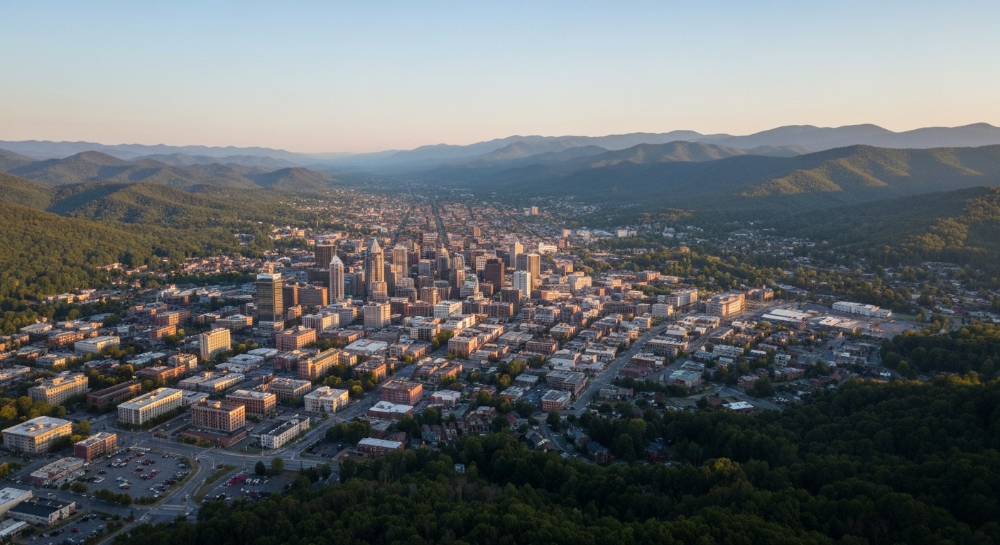 Downtown Asheville framed by the Blue Ridge Mountains at golden hour in Western North Carolina.