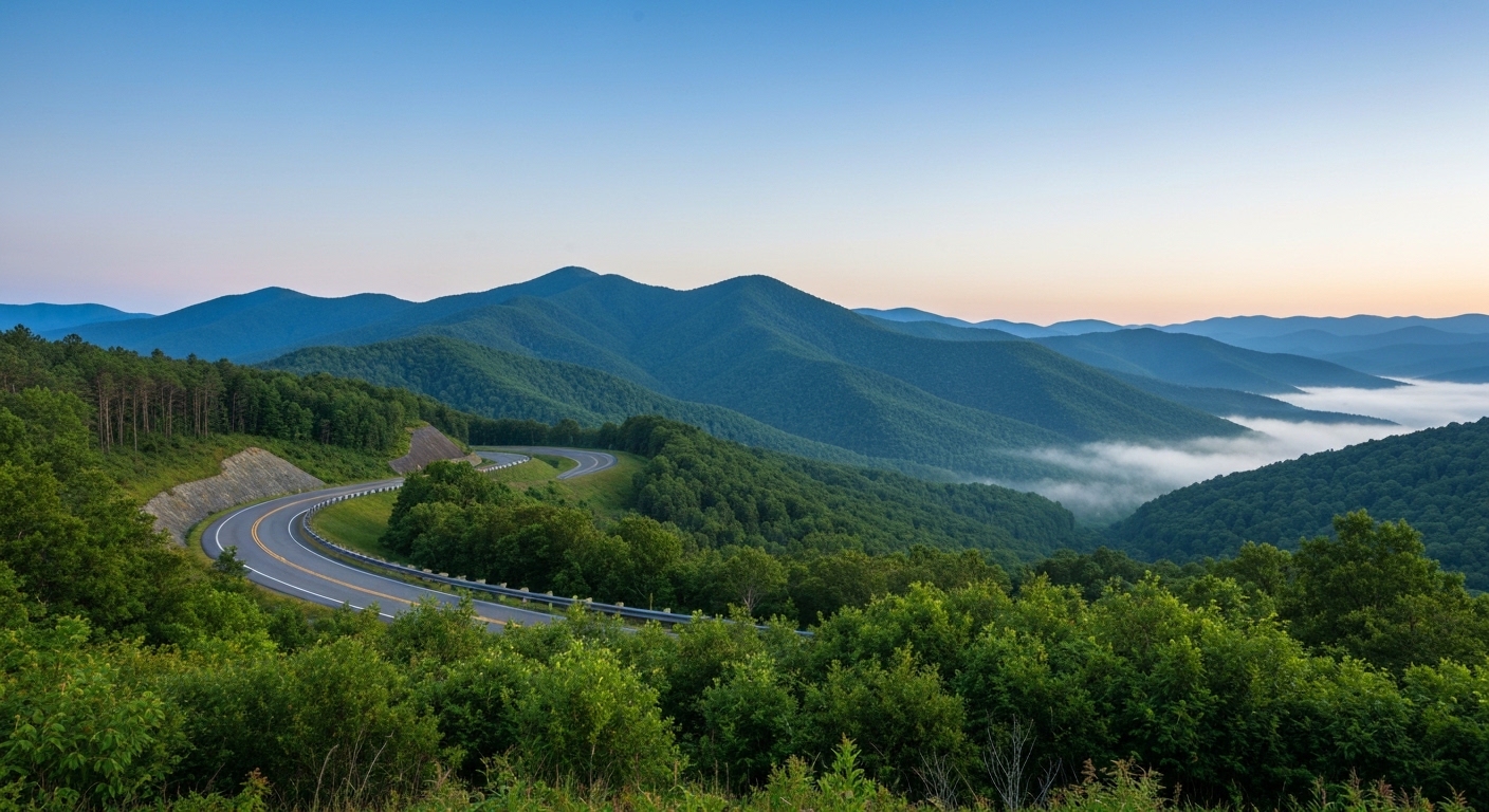 Morning fog settling over layered mountain ridges seen from a Blue Ridge Parkway overlook in western North Carolina.