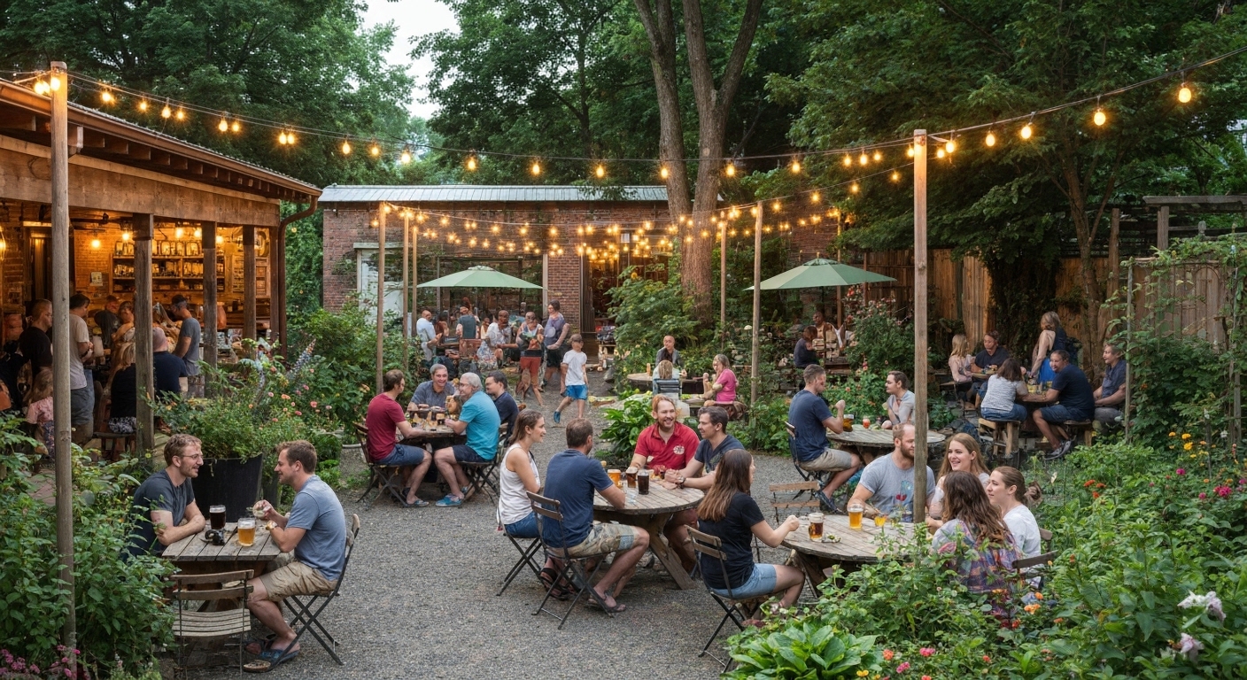 An outdoor brewery beer garden with a stage and string lights on Haywood Road in West Asheville.