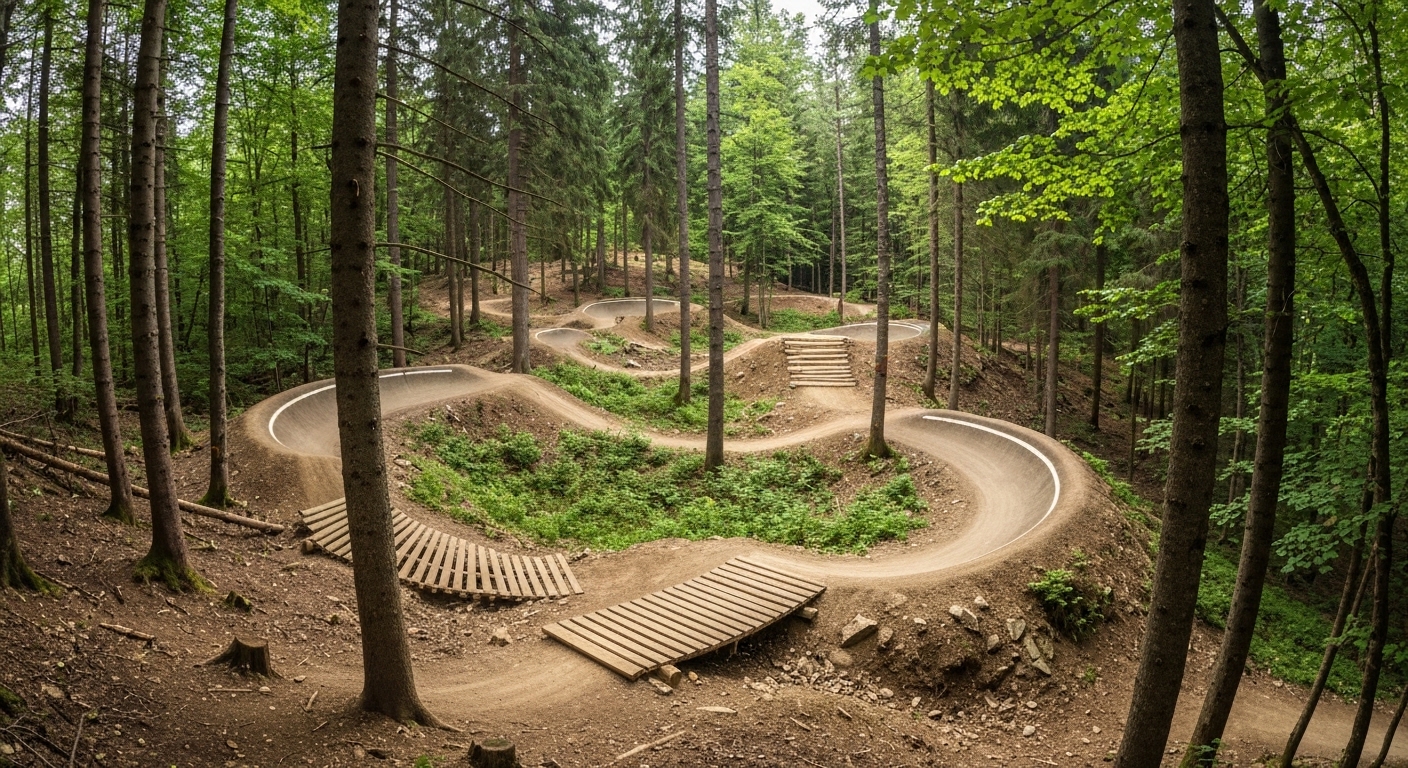 A rider descending a flowing dirt trail through forested mountain terrain at a Western North Carolina bike park.
