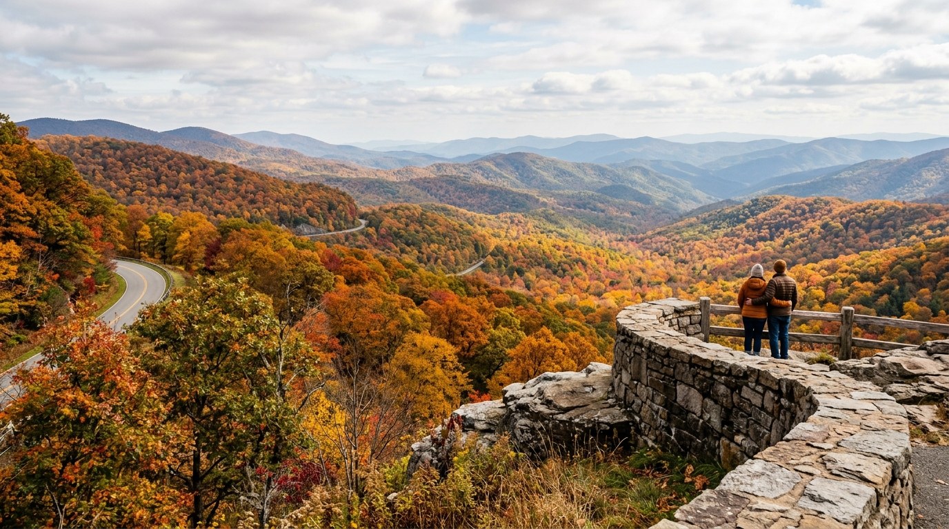 Fall foliage along a Blue Ridge Parkway overlook in North Carolina.