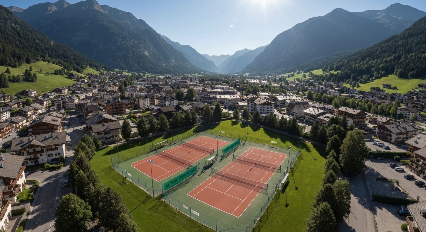 Outdoor pickleball courts surrounded by forested Blue Ridge Mountain ridgelines on a clear summer morning in Western North Carolina.