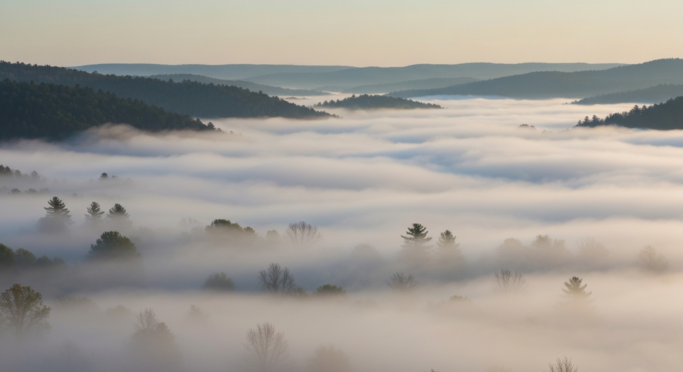 Morning fog drifting across Cataloochee Valley in Haywood County with autumn ridgelines rising behind.