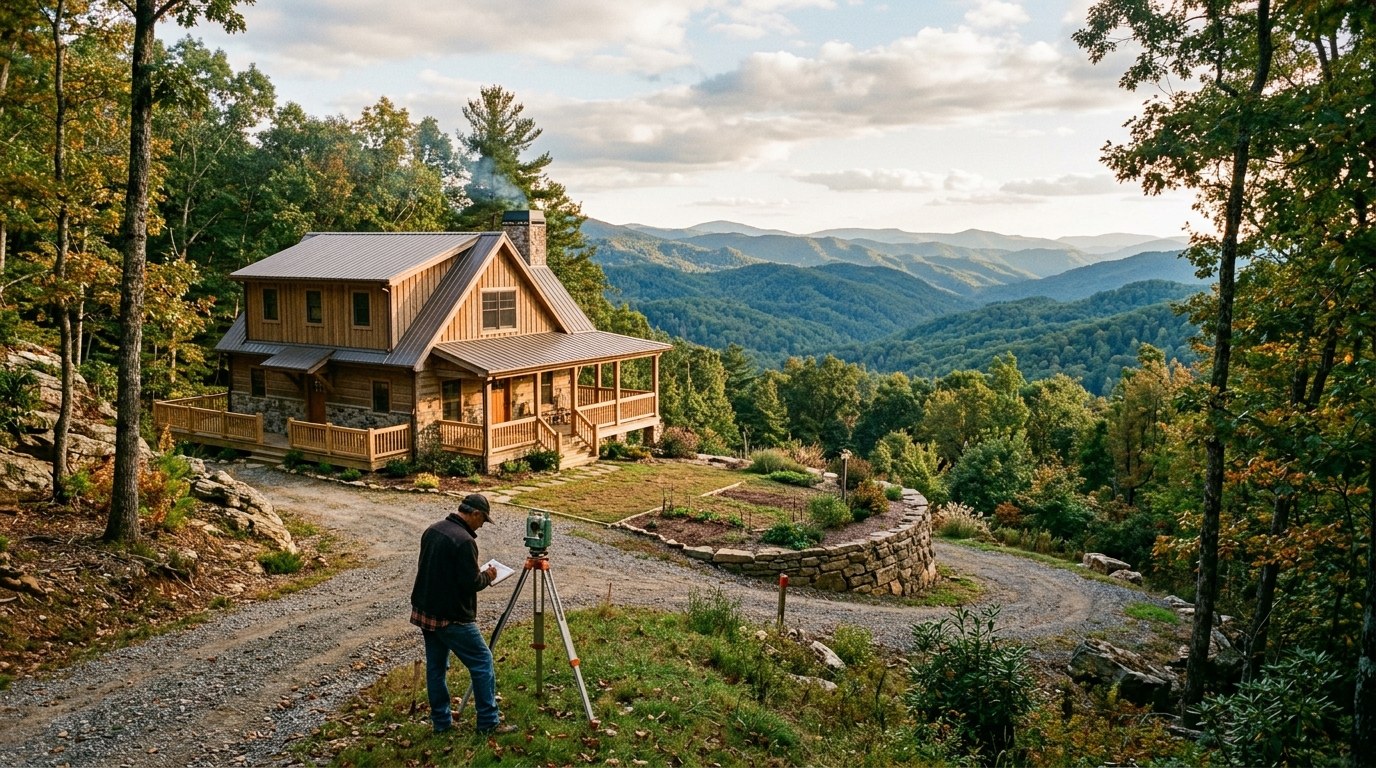 A covered porch looking out over autumn mountains in Western North Carolina.