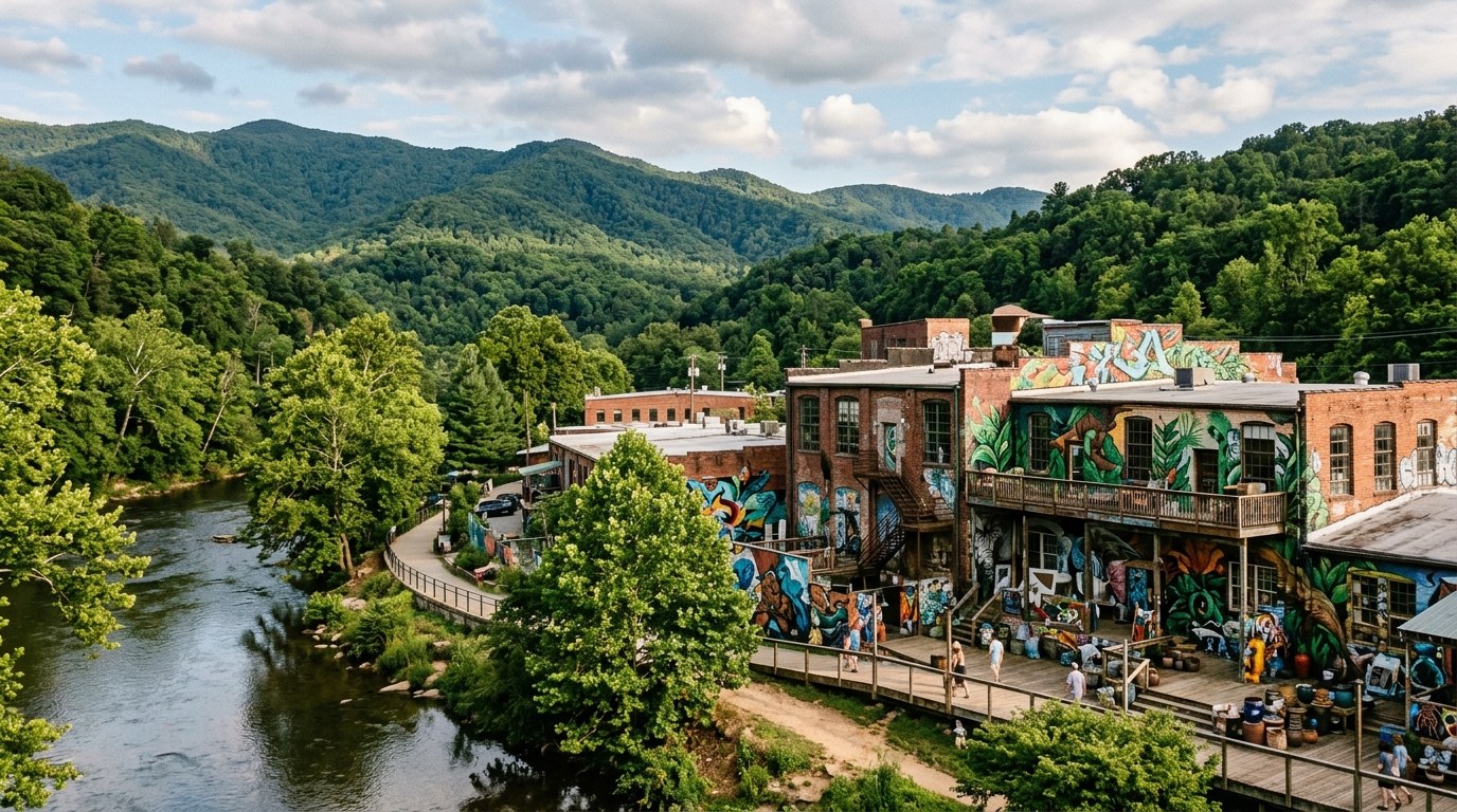 Industrial buildings in Asheville's River Arts District along the French Broad River.