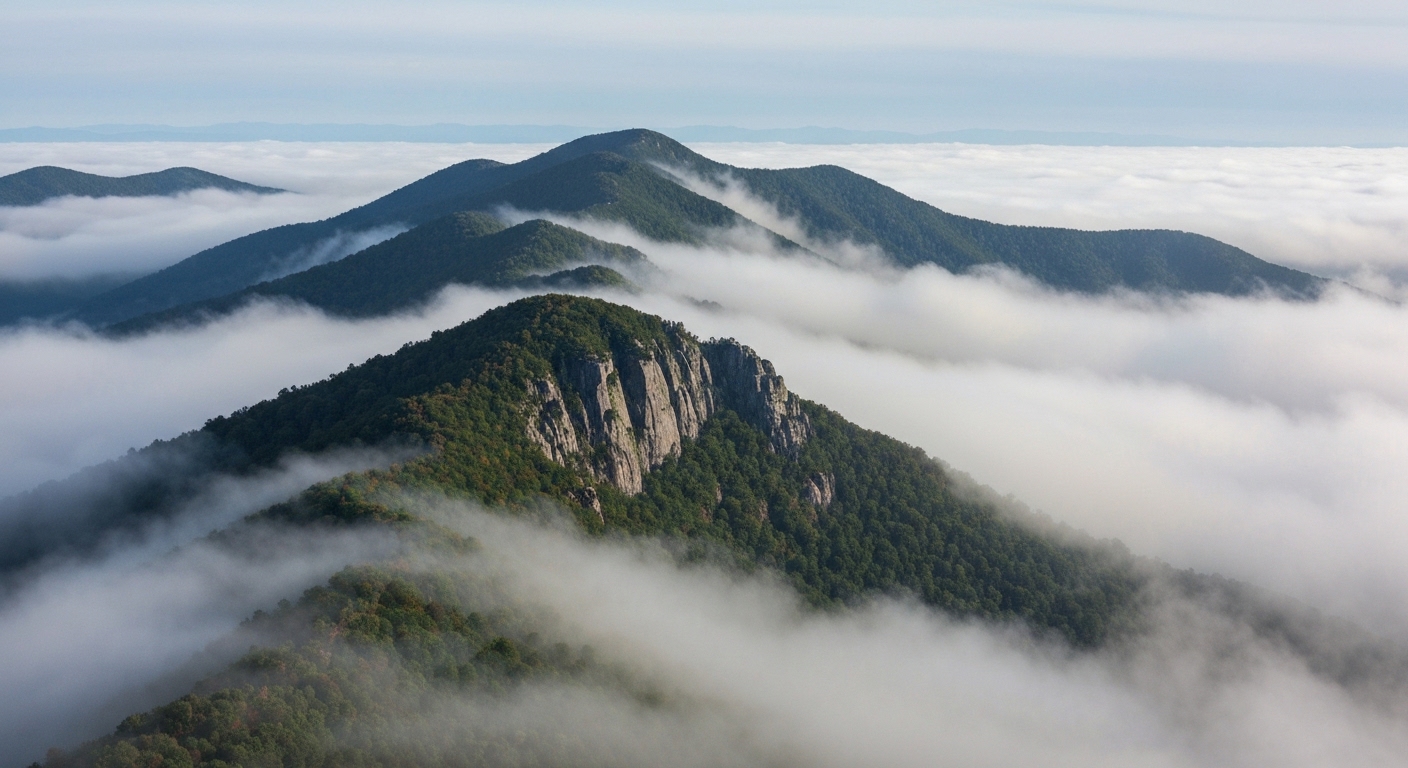 Morning fog lifting off the rocky ridgeline of Grandfather Mountain in Avery County, North Carolina