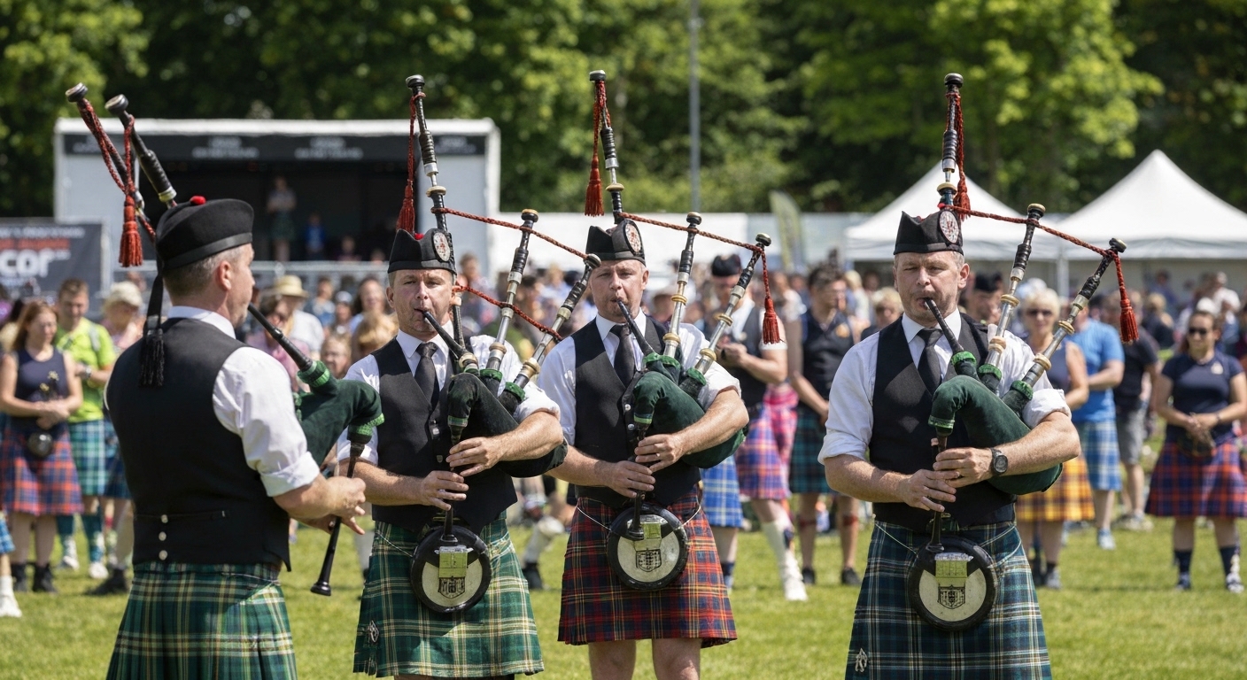 Pipers in full tartan performing at the Grandfather Mountain Highland Games near Linville, North Carolina.