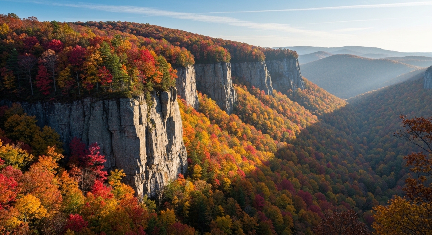 Sheer cliffs of Whiteside Mountain rising above autumn forest near Cashiers in the Highlands-Cashiers Plateau of Western North Carolina.